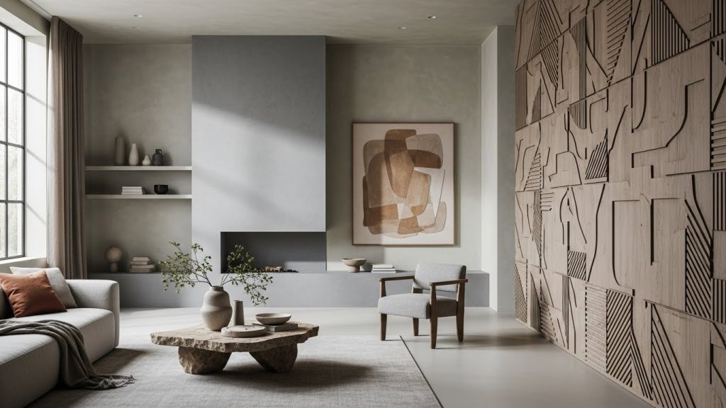 Current image: A stylish workspace with neutral textured walls such as linen wallpaper, beige paint, and vertical wood slats.