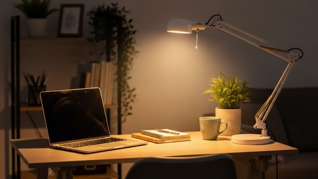 Budget lighting setup for a small home office using an adjustable desk lamp