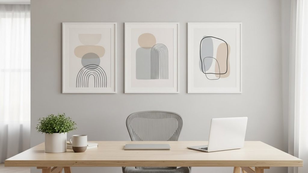 Current image: “A workspace with minimal modern wall art featuring simple neutral abstract prints.”