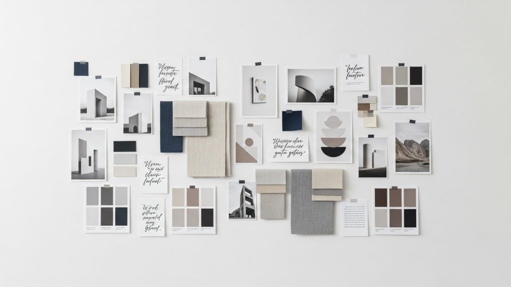 Current image: “A minimalist inspiration board featuring color palettes, quotes, fabric swatches, and photos in a modern workspace.”