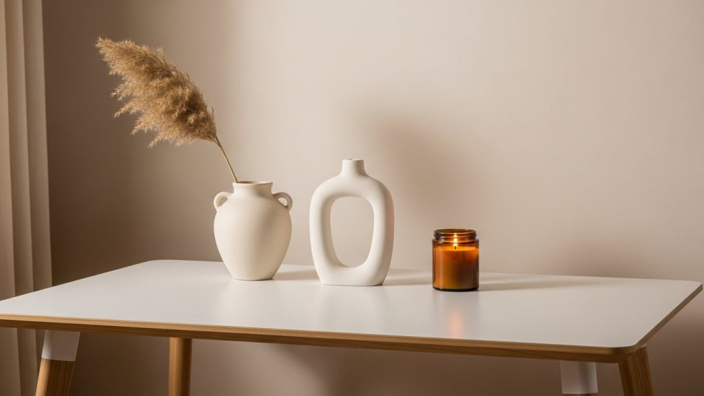 Current image: “A minimalist desk setup with only three decor items: a vase, a candle, and a small sculpture.”