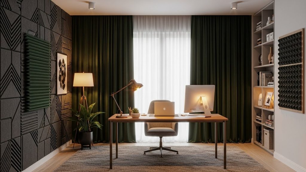 Current image: “A quiet home office designed with rugs, curtains, and acoustic panels for noise reduction.”