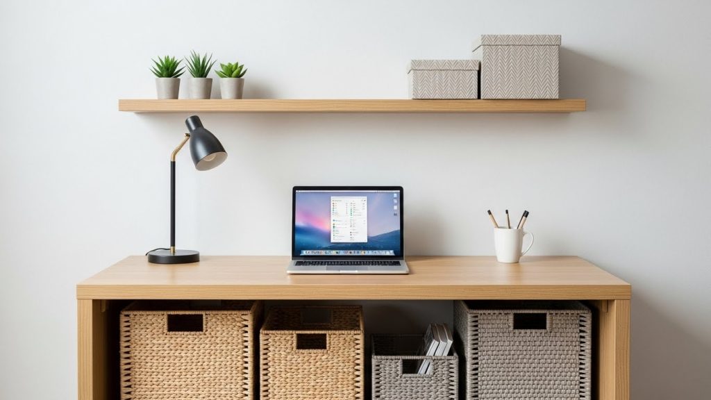 Current image: “A tidy home office with storage baskets making it easy to switch between work mode and home mode.”