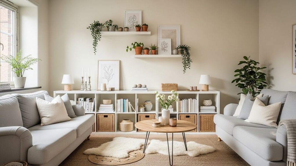 IKEA storage hacks for small spaces using shelves, storage bins, and multifunctional furniture in a small apartment
