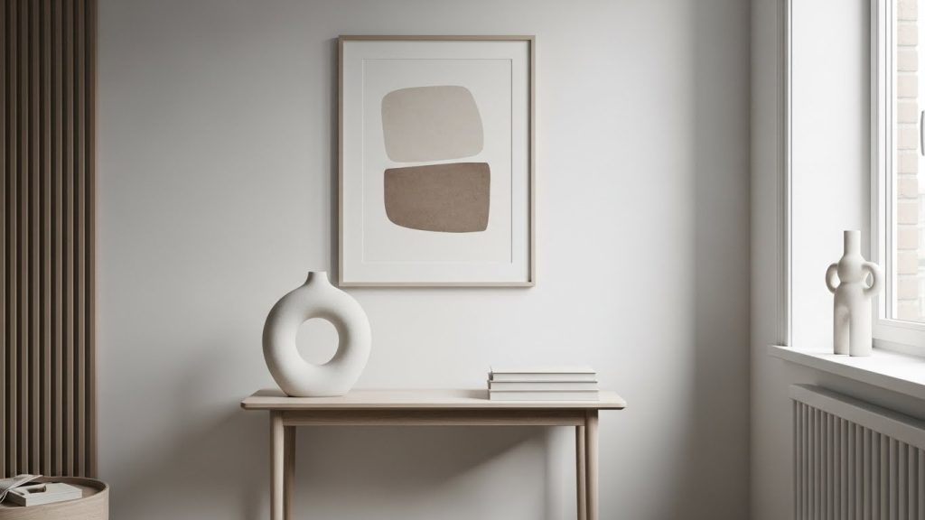 Minimalist decor pieces, sculptural vase, framed wall art, clean surfaces, calm 