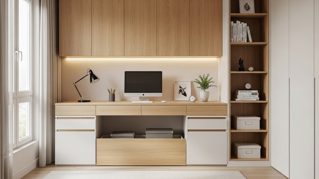 Small space home office with compact desk, budget furniture, and smart storage
