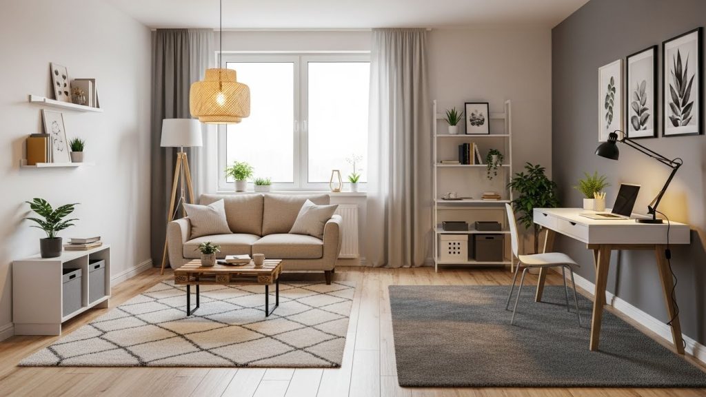 Open-plan small apartment with clearly defined zones using rugs and lighting, living area and workspace separation