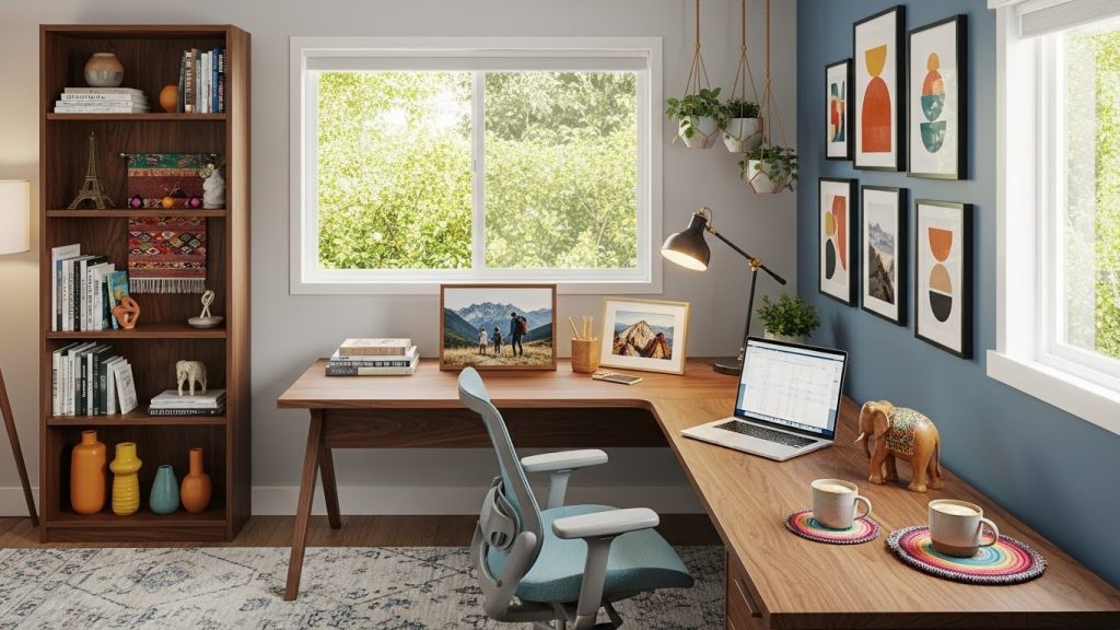 Current image: “A home office decorated with personal items such as photos, travel memories, and favorite colors.”