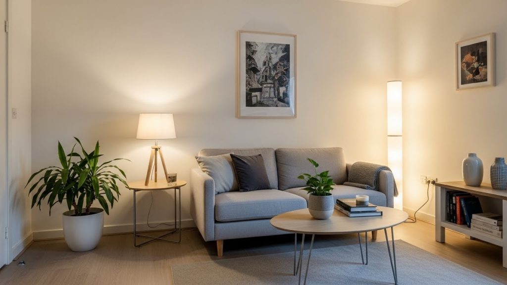 Small apartment decorated on a budget with neutral tones and layered lighting