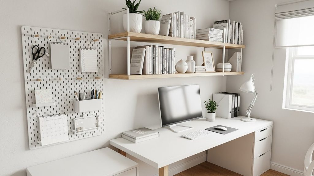 small space home office with compact desk and budget furniture