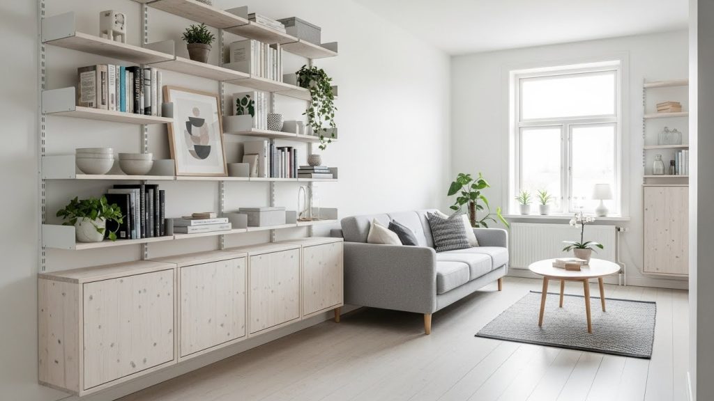Small apartment with vertical wall storage, floating shelves, minimalist shelving units