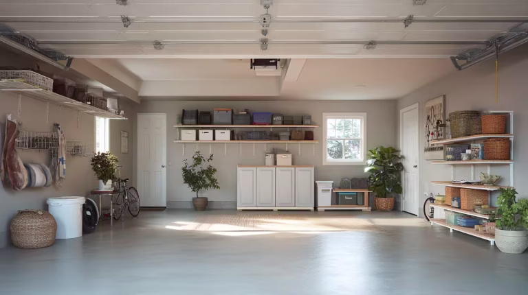 Organized residential garage with clear storage zones and open floor space in a neutral, functional home setting.