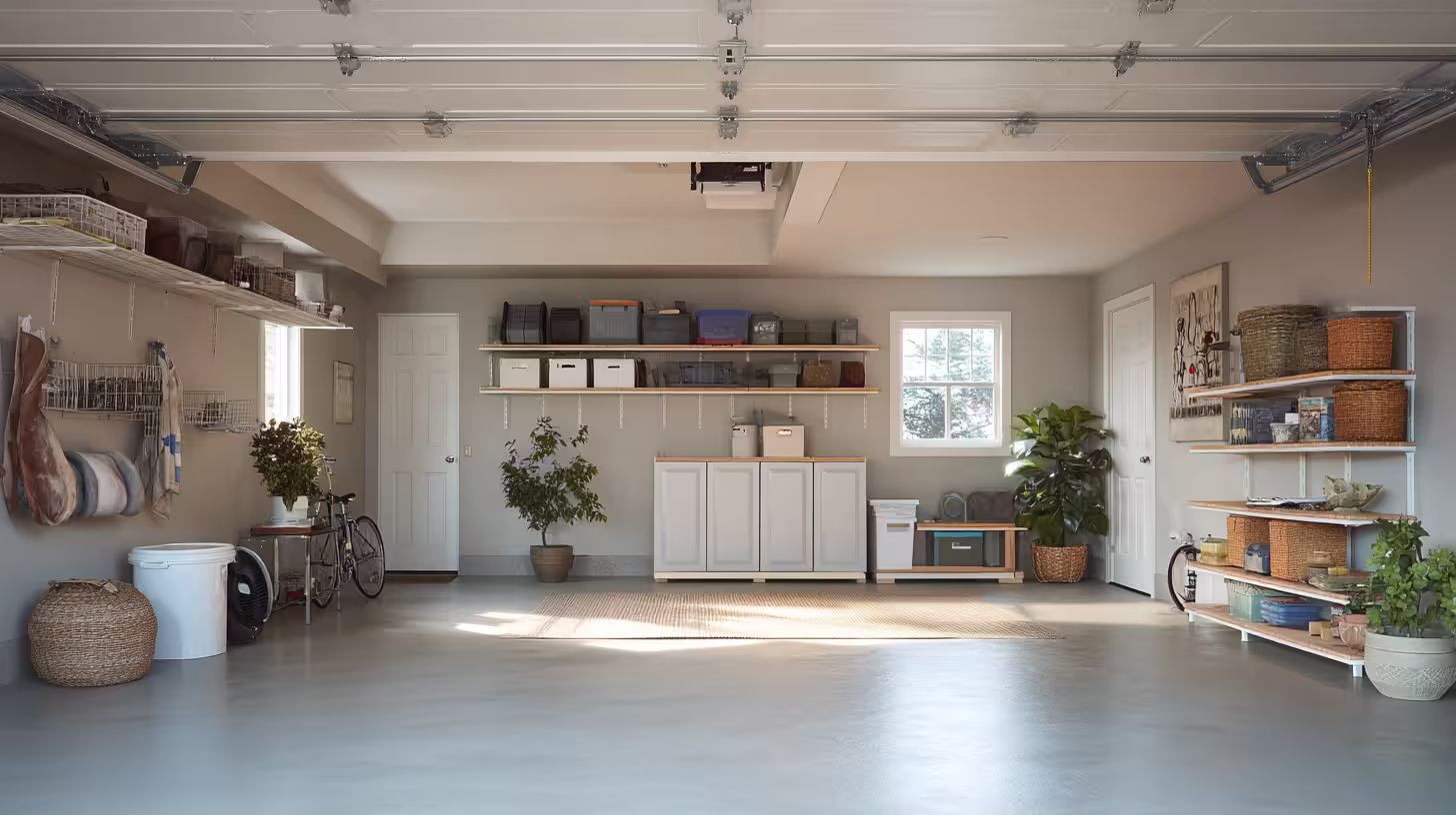 Organized residential garage with clear storage zones and open floor space in a neutral, functional home setting.