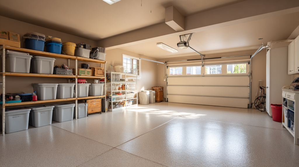 Residential garage used as an entry point with hooks for bags, a small bench, organized storage, clean and simple layout, everyday home setting, natural lighting