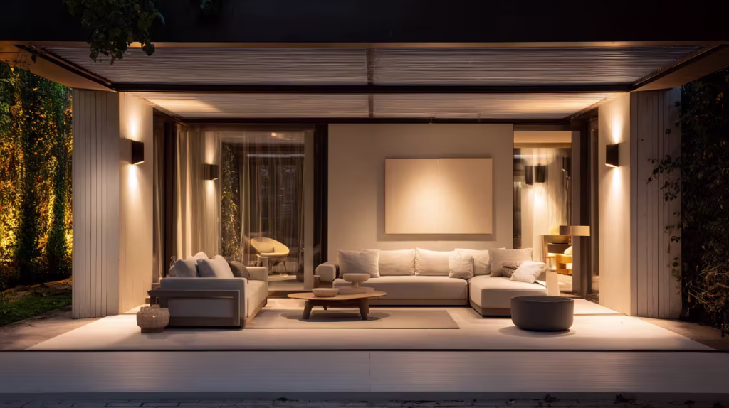 Soft covered patio lighting creating a calm indoor–outdoor transition space