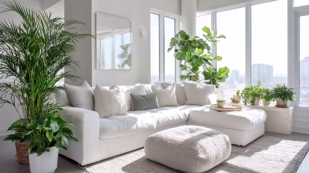 A light-filled spring home with clean design, soft daylight, and fresh green plants.