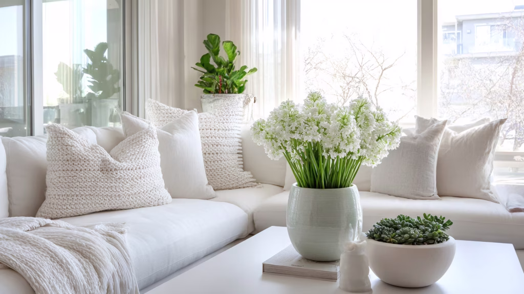 Bright, clean spring home interior filled with natural sunlight and fresh greenery, creating a calm and radiant atmosphere