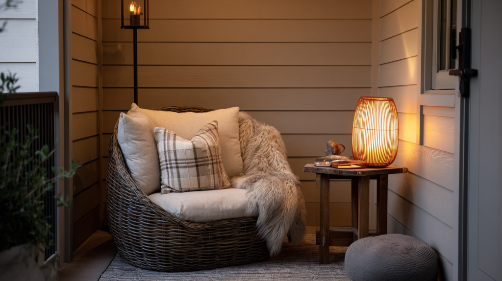 Covered patio arranged as a quiet reading and relaxation space.