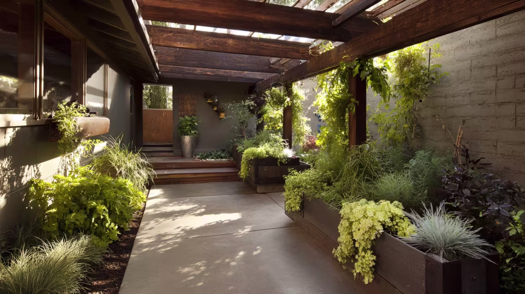 Covered patio designed as a calm transition between indoor living space and garden.