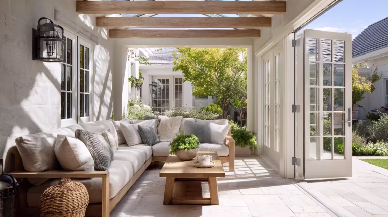 Covered patio designed as a calm transition between indoor living space and garden.