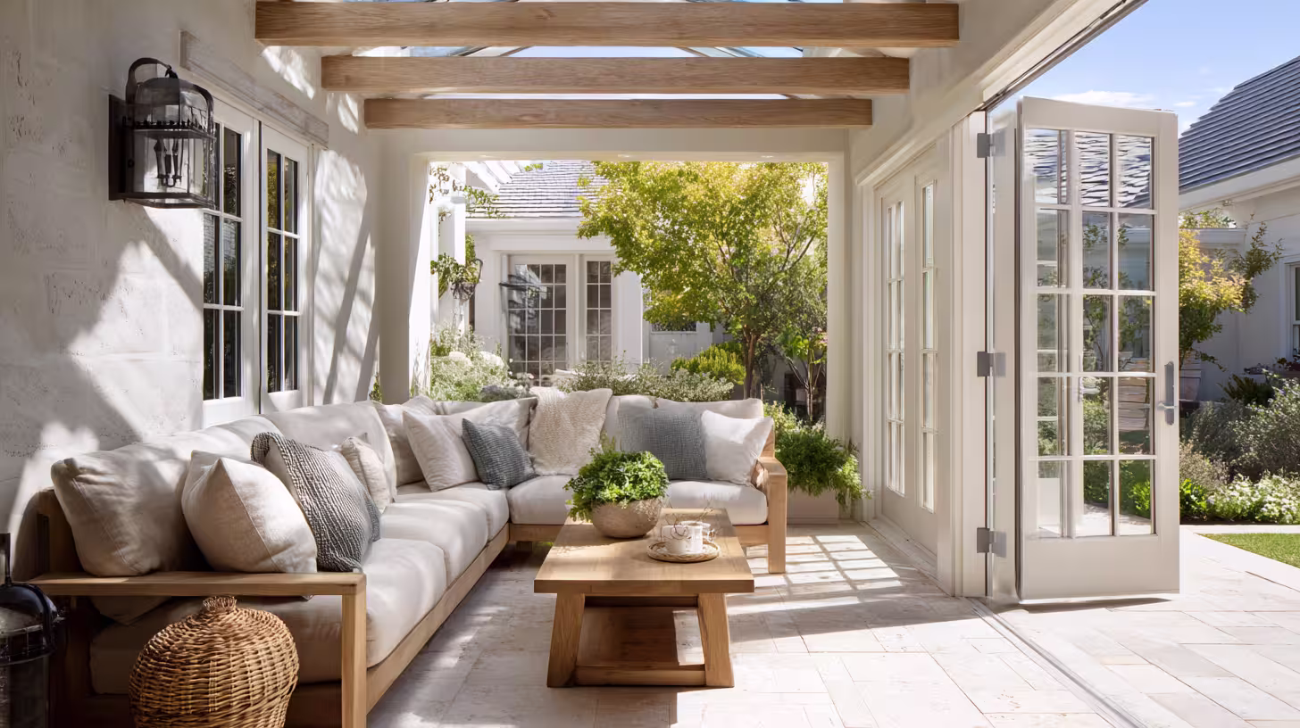 Covered patio designed as a calm transition between indoor living space and garden.