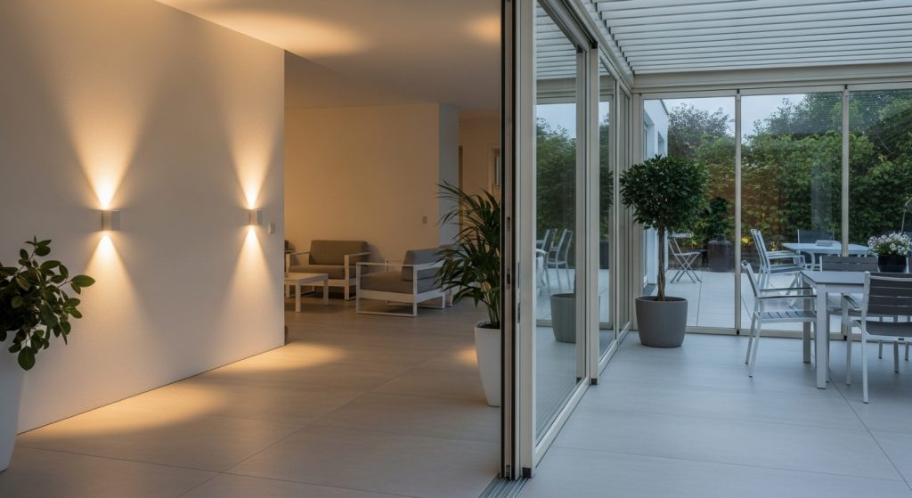 An indoor-outdoor transition space with gentle lighting, neutral flooring, subtle wall lights guiding movement from interior to exterior, minimalist design