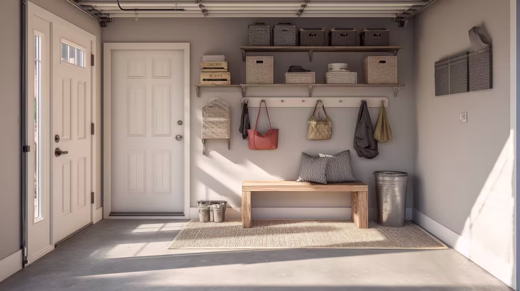 Garage designed as a functional entryway with hooks, bench, and organized storage for daily use.