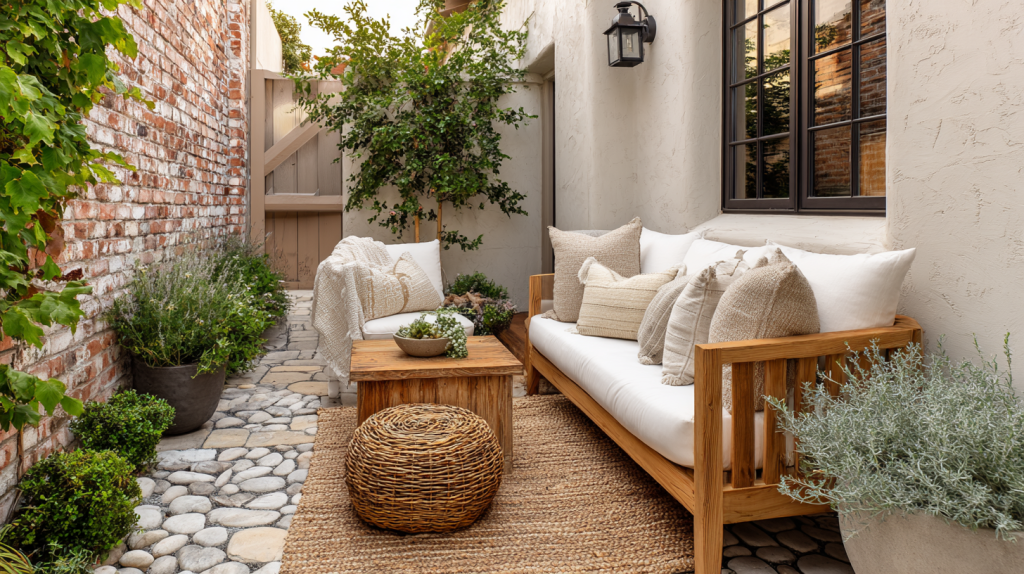 Small outdoor patio arranged for everyday use with simple furniture and uncluttered layout.