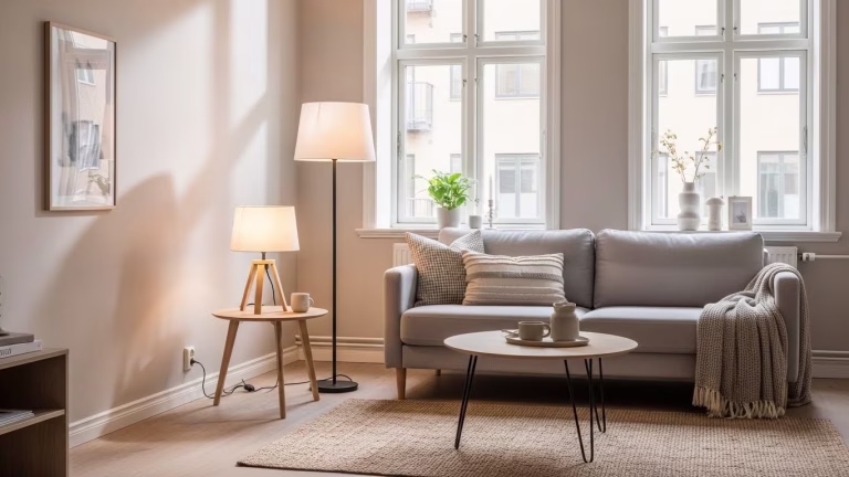 Modern small space living room with smart storage, neutral decor, and warm lighting designed for small space living.