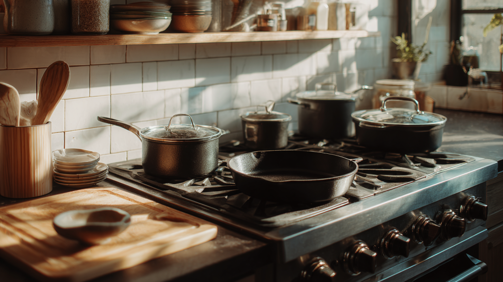 Cast iron skillet and stainless steel cookware used for everyday cooking in a clean kitchen