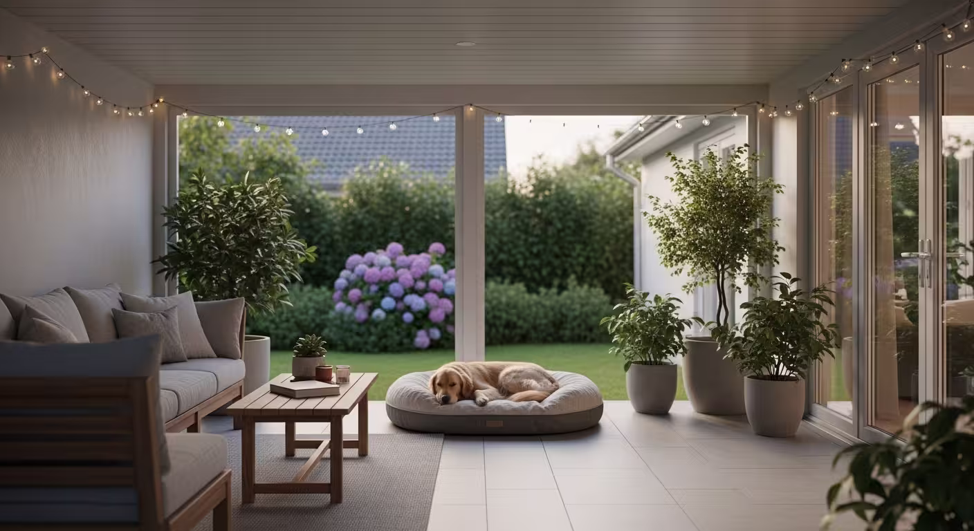 A covered outdoor area with soft even lighting, a dog resting comfortably, no glare, calm atmosphere, pet-safe design, realistic home setting