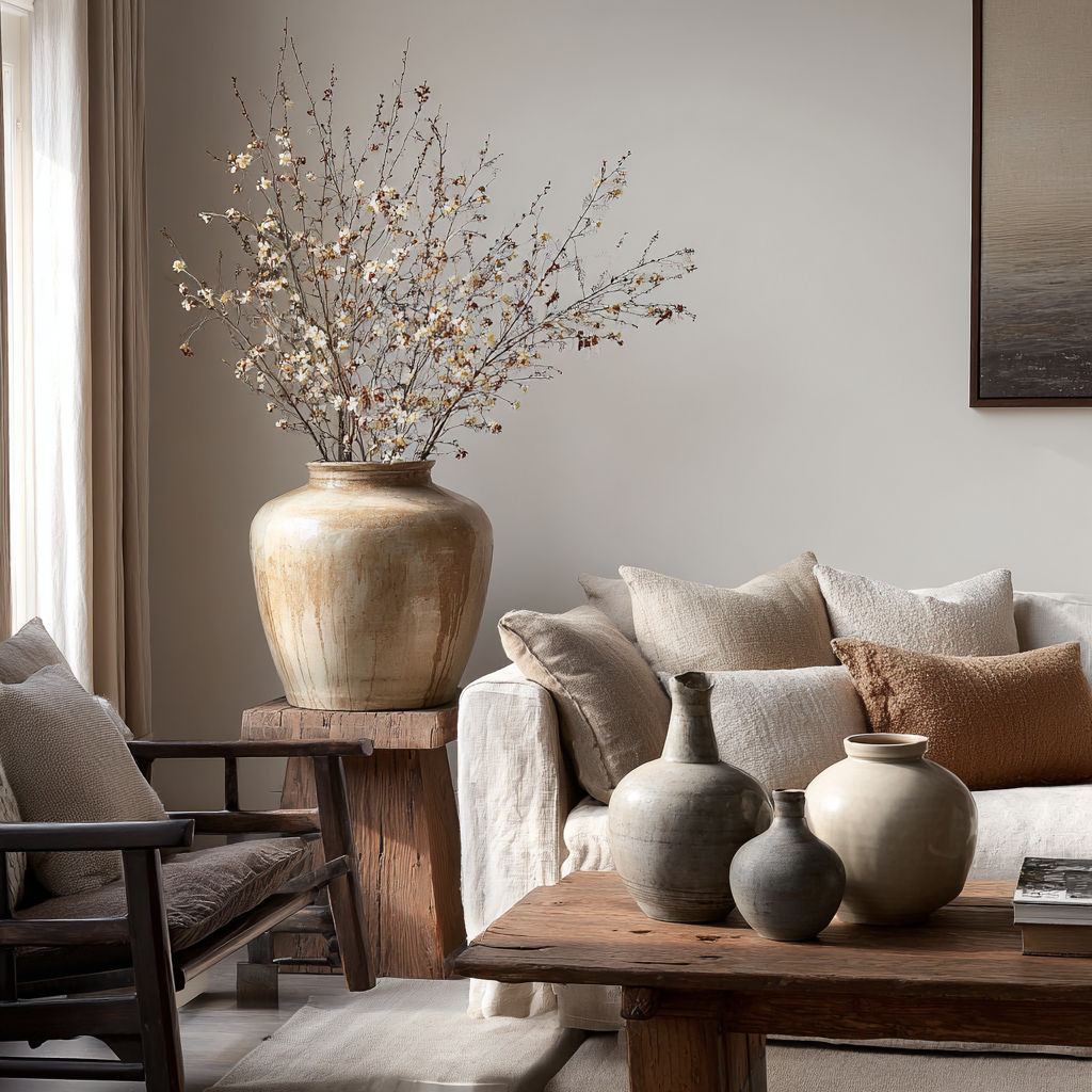 Timeless home decor featuring decor that ages well and natural materials like ceramic vases, natural wood furniture, linen textiles.