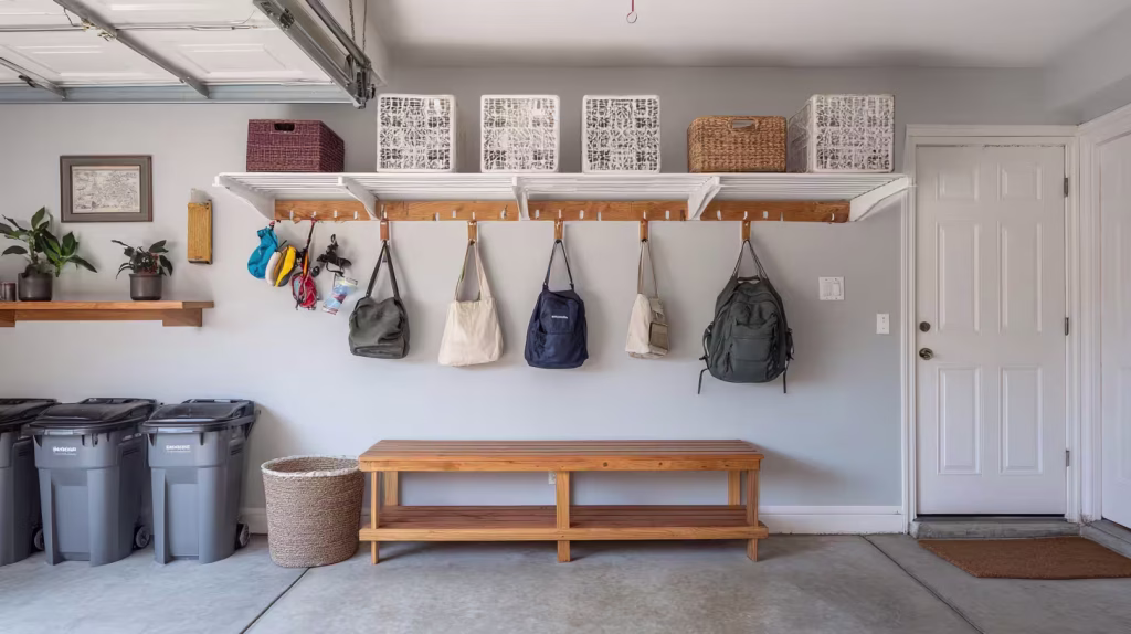Residential garage used as an entry point with hooks for bags, a small bench, organized storage, clean and simple layout, everyday home setting, natural lighting