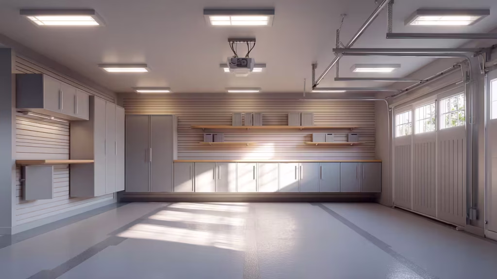 Functional garage lighting with layered overhead and wall-mounted lights for safe daily use