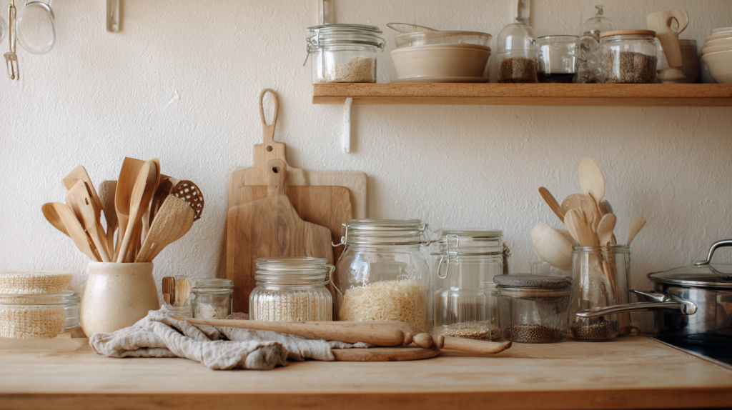 Glass food storage containers and reusable silicone bags used in a modern, organized kitchen