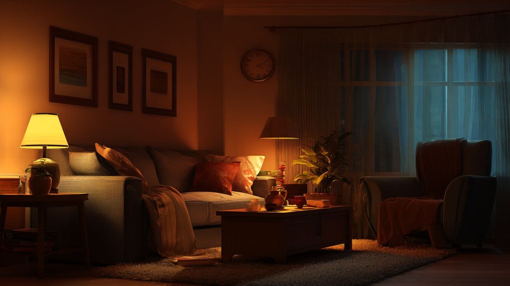 Soft layered lighting in a living room that makes a home feel inviting and comfortable in the evening
