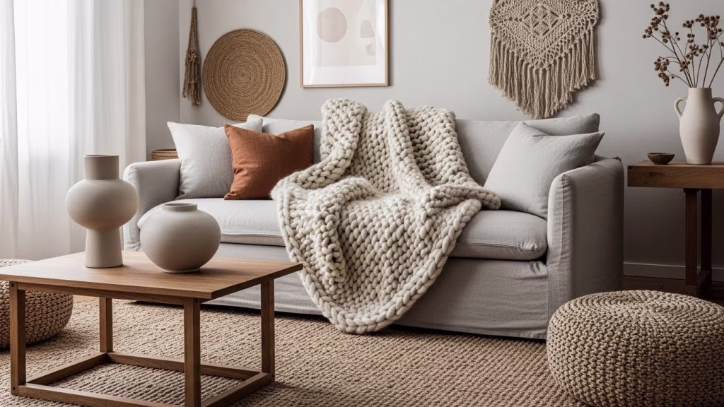 zara home inspired living room with layered textures and neutral tones