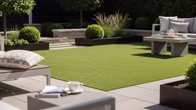 Tips for Choosing the Right Artificial Turf for Your Home. Modern backyard with artificial turf in soft natural green tones, surrounded by neutral stone paving and minimal landscaping.