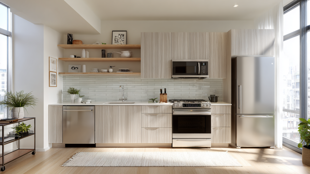 One wall small kitchen layout planning with prep, cooking, and cleaning zones.