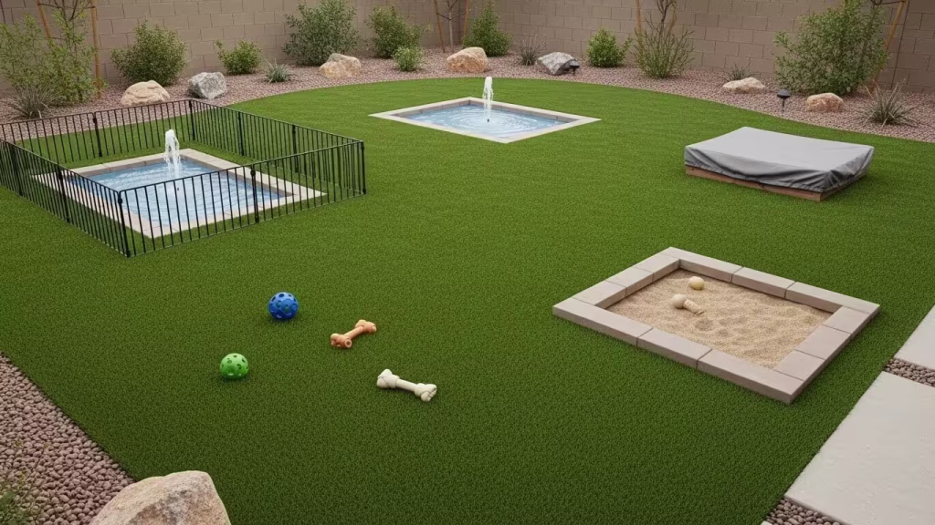 Pet-friendly outdoor area with artificial turf designed for easy cleaning and everyday use. 