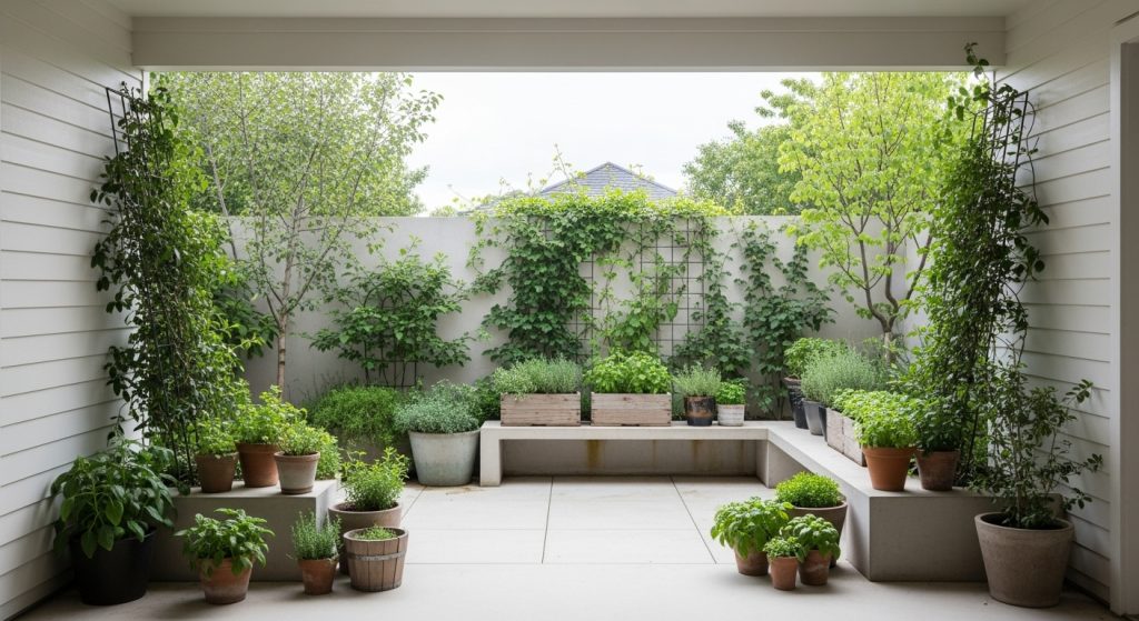 Covered patio with plants creating a soft indoor-outdoor garden transition.