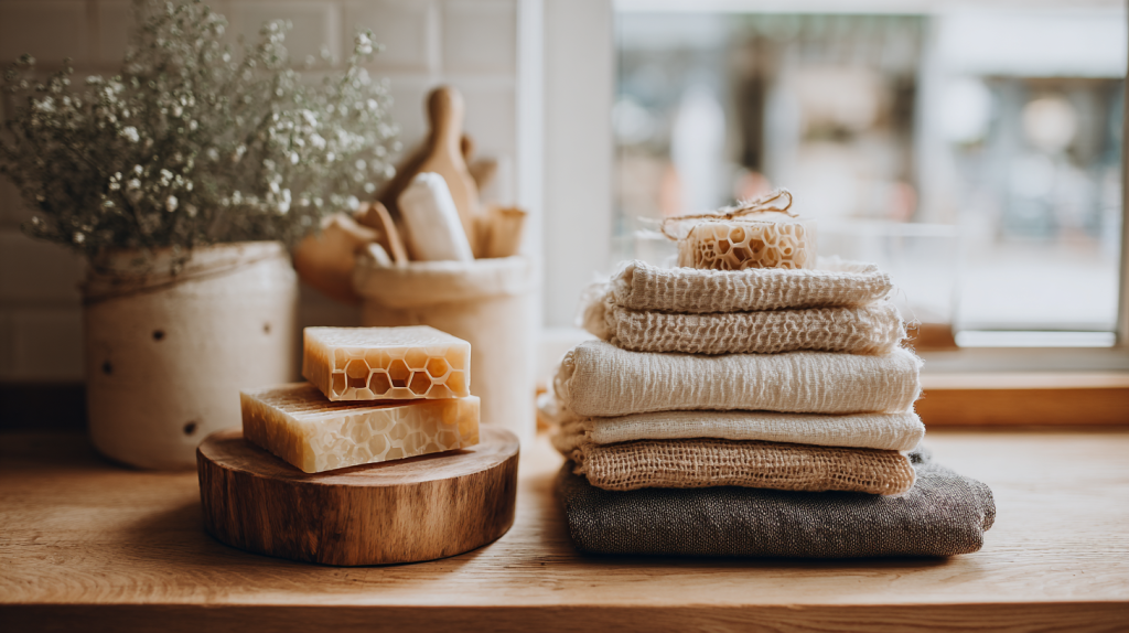 Beeswax food wraps and linen kitchen towels folded neatly on a wooden countertop