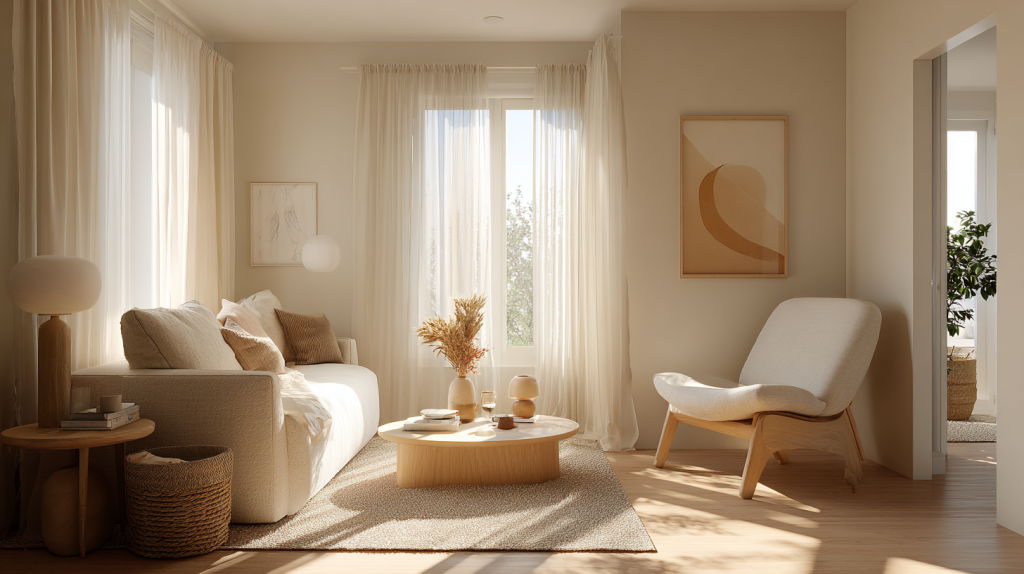 Bright small living room with light colors, compact furniture, and a calm, modern design layout.