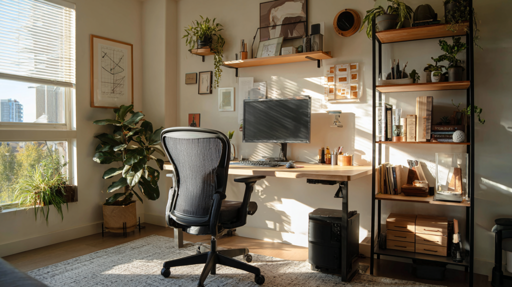 Compact home office in a small apartment with a slim desk, vertical storage, and natural light.