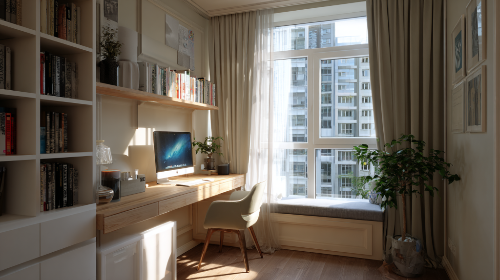Compact home office in a small apartment with a slim desk, vertical storage, and natural light.