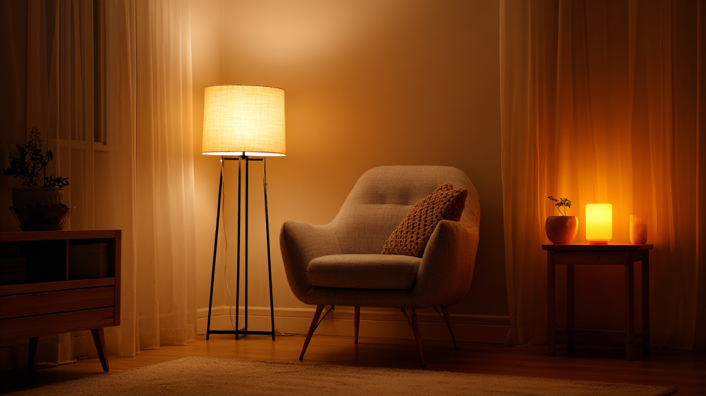 Small living space with layered lighting including floor and table lamps creating a warm, cozy atmosphere.