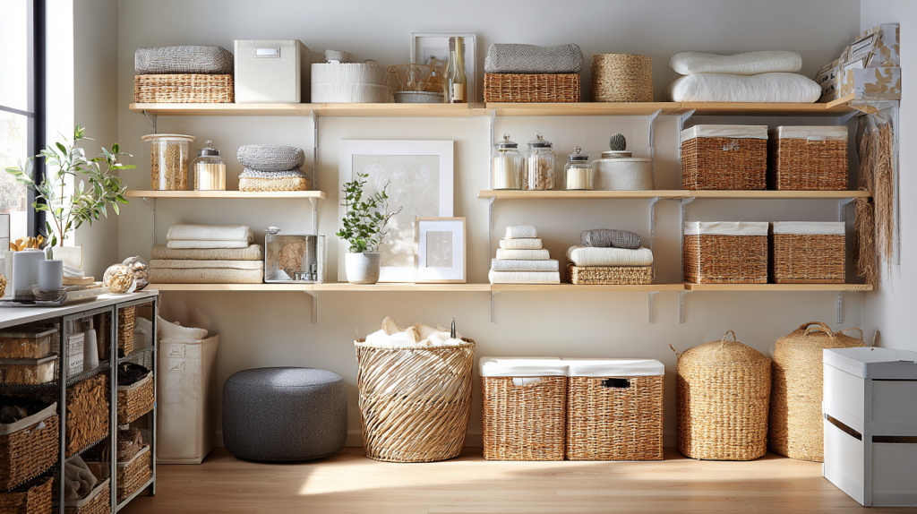 Small home interior featuring clever storage solutions like wall shelves, baskets, and hidden storage furniture.