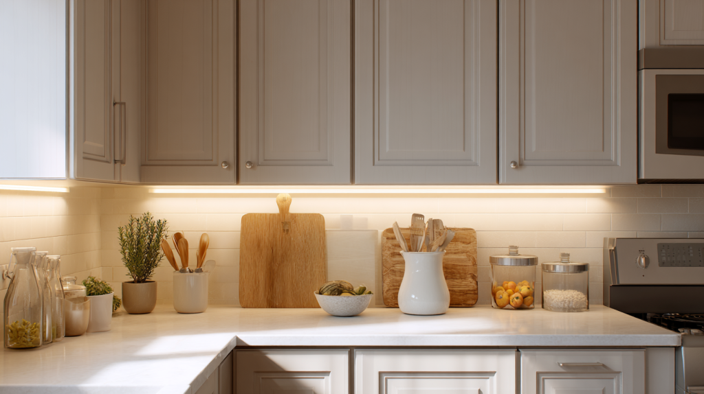 Under-cabinet task lighting illuminating countertop workspace in a small kitchen layout