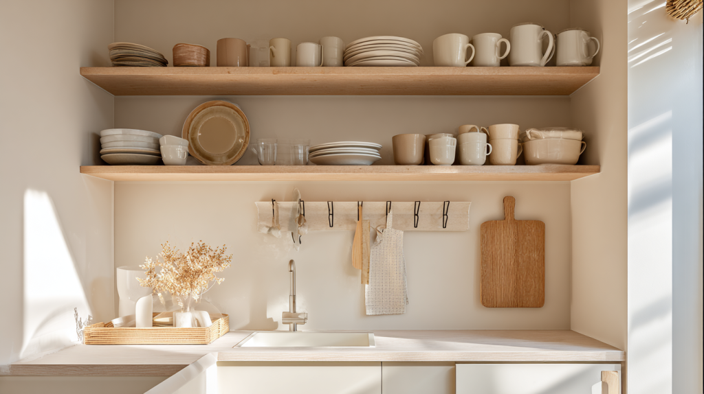 Small kitchen vertical storage with one open shelf and wall hooks for everyday items