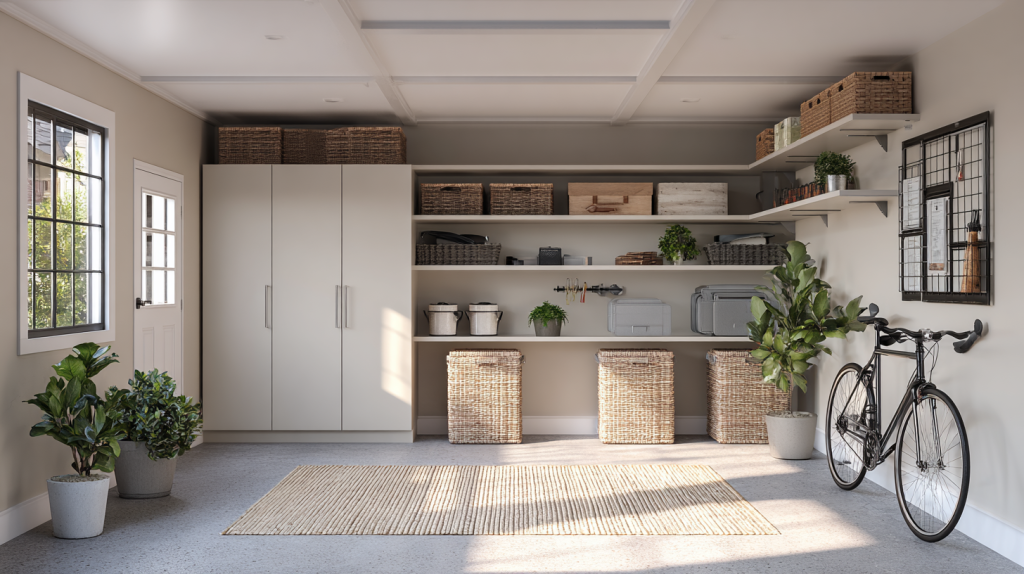 Garage interior showing clearly defined zones for storage and activity, wall-mounted shelves and hooks, open floor space, neutral color palette, practical and minimal design, soft daylight